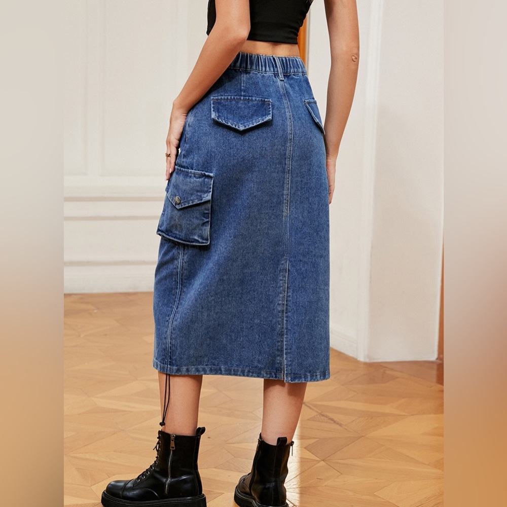 Drawstring Ruched Slit Denim Midi Skirt - Picture 3 of 17